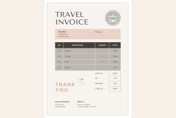 Beige Modern Business Travel Agency Invoice