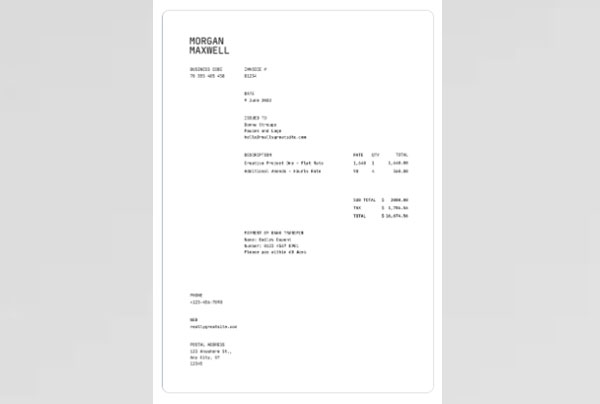 Black and White Simple Clean Mono Typed Freelancer Invoice