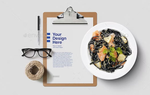 Clipboard With Food And Desk Mockup
