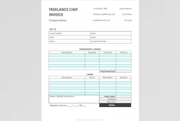 Freelancer Chef Invoice Template