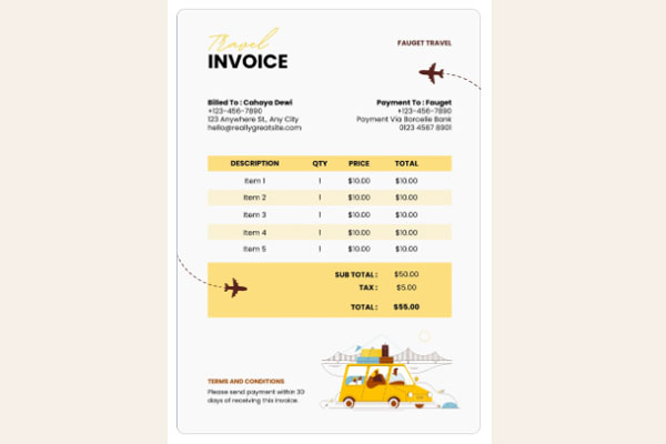 Yellow Illustrated Travel Invoice