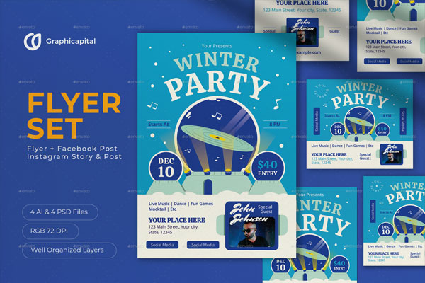 Blue Modern Winter Party Flyer Set