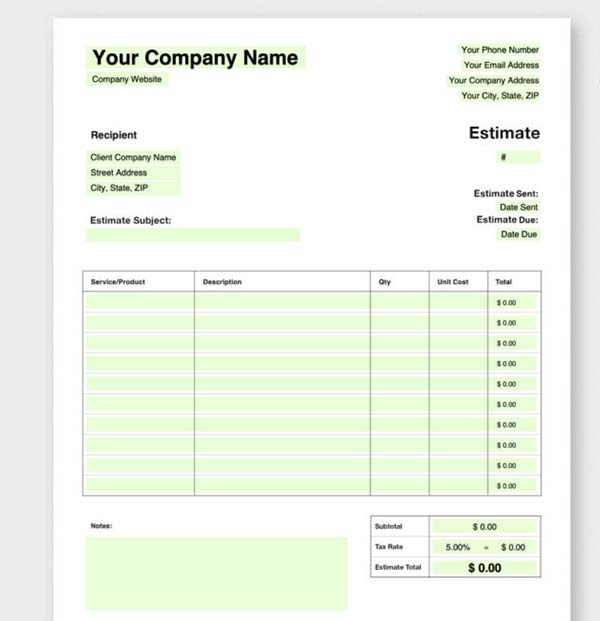 Free Estimate Templates