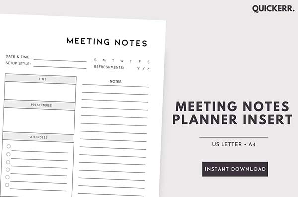 Meeting Notes Printable Planner Document Template
