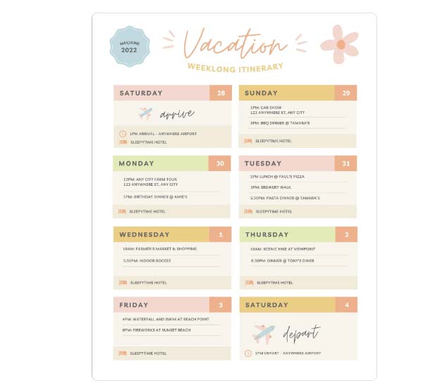 Travel Vacation Itinerary Weekly Planner