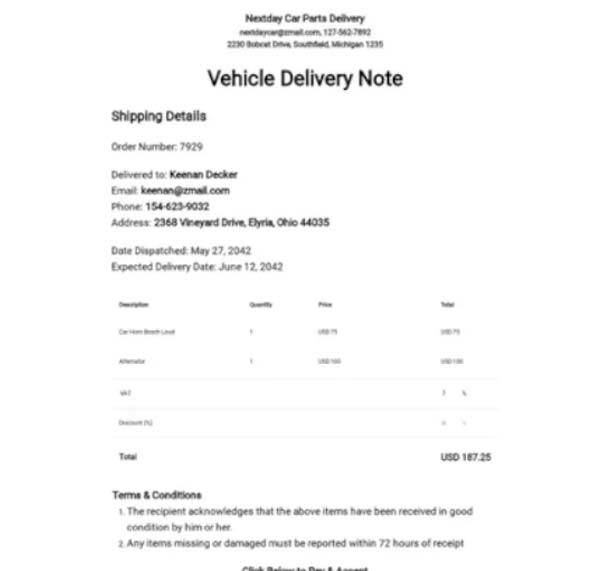 Vehicle Delivery Note Word Template