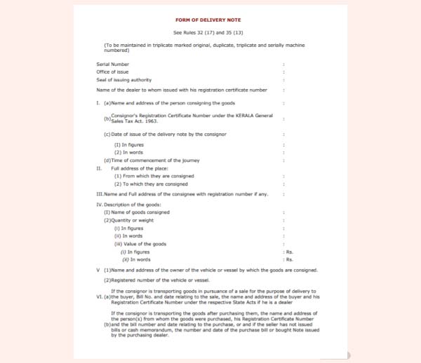 Vehicle Sale Delivery Note Form Free Template