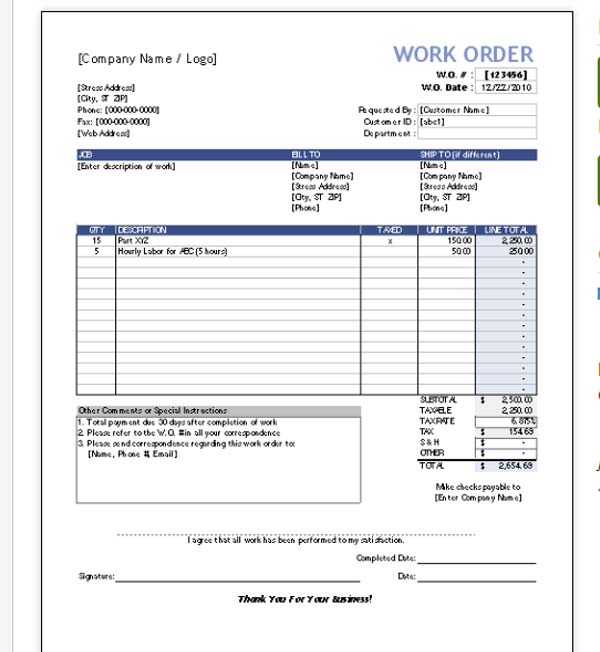 Whole Order Excel Template