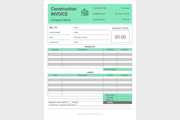 Free Construction Invoice Template