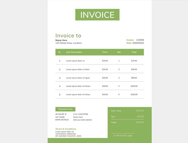 Excel Service Invoice Editable Template Download