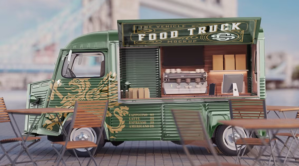 Set Vintage Food Truck Scene Mockup